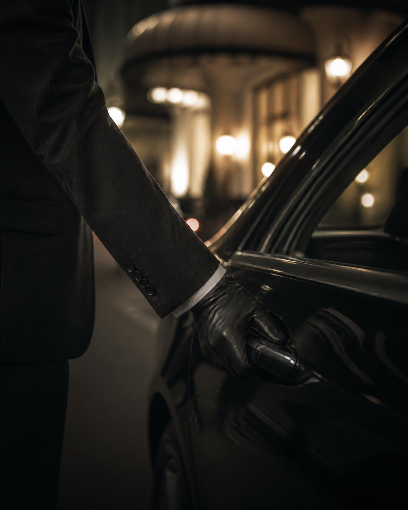 Chauffeur öffnet die Tür einer dunklen Limousine bei Nacht